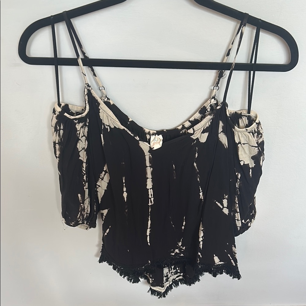 Surf Gypsy Black and Cream Smocked Camisole with off shoulder sleeves
